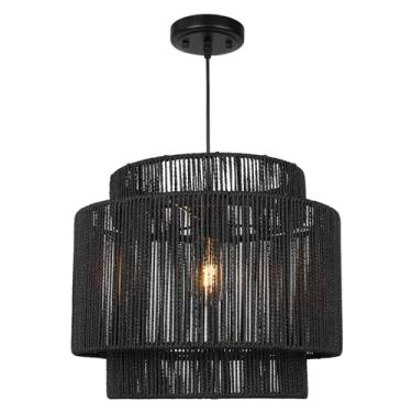 Imagem de Rosient Luminária pendente de vime tecida à mão grande natural simples de 40,6 cm, corda preta costeira para pendurar na praia, para sala de jantar, sala de estar, quarto, cozinha, foyer