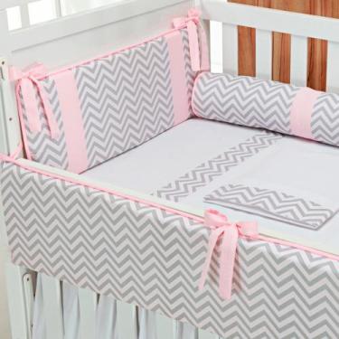 Imagem de Kit Berço Americano 6 Peças Contemporâneo Chevron e Rosa - Loja Baby