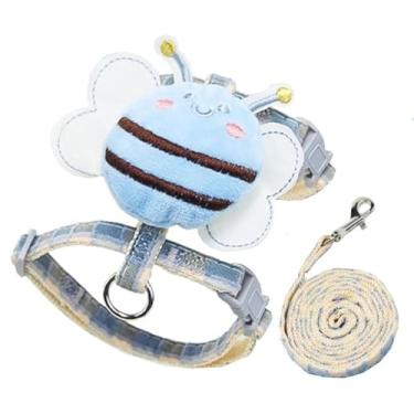 Imagem de Conjunto de arnês e coleira para gatos, à prova de fuga – Peitoral ajustável para gatos grandes e pequenos, peitoral macio e macio para animais de estimação (abelha xadrez azul, M (para 3 a 7,5 kg))