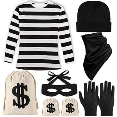 Imagem de YAROMO Conjunto de fantasia de ladrão para homens, 8 peças, cosplay, ladrão, acessórios, inclui camiseta listrada de manga comprida, bolsas de lona, máscara de olho de bandido, gorro de tricô, chapéu