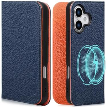 Imagem de VISOUL Capa carteira para iPhone 17 com porta-cartões, capa carteira de couro real com bloqueio de RFID, capa flip fólio projetada para iPhone 17 (6,3 polegadas) - azul + laranja