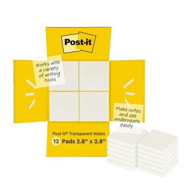 Imagem de Post-it Notas adesivas transparentes, 7,6 x 7,6 cm, 12 blocos/pacote, 36 folhas/bloco, cola firmemente e remove de forma limpa