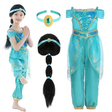 Imagem de Lingway Toys Fantasia de princesa Jasmine Aladdin com peruca para aniversário, festa de Halloween e carnaval, Fantasia de jasmim, 2-3 Anos
