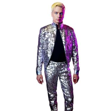 Imagem de Earthradius Jaqueta espelhada com lantejoulas, elástico, balada, bar, palco, roupas modernas de carnaval (prata, G, calça)