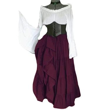 Imagem de Fantasia medieval renascentista, vestido de baile de máscaras, vestido de baile de máscaras, vestido longo, conjunto de 2 peças (nº 18, roxo, G)