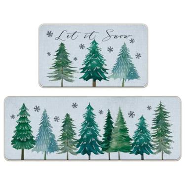 Imagem de Livcoz Conjunto de 2 tapetes de cozinha de pinheiro de inverno, aquarela Let It Snow Farmhouse, decoração de casa, tapetes de porta sazonais de floco de neve de Natal - 43 x 73 cm e 43 x 128 cm