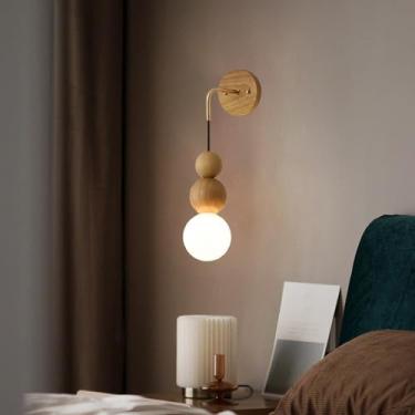 Imagem de LED Lâmpada de parede interna vintage de madeira com abajur de vidro moderna iluminação de parede de metal para sala de estar quarto escada cabeceira corredor (A madeira clara, luz natural)