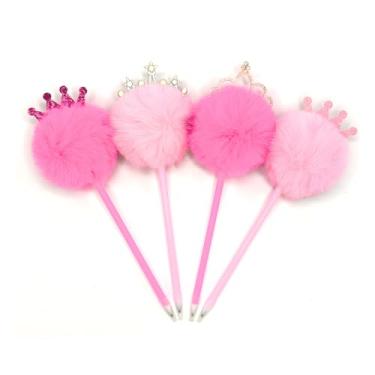 Imagem de XIANFANG Pacote com 4 canetas esferográficas Queens Crown Pom | Canetas esferográficas fofas com design kawaii | Tinta gel preta, escrita suave | Perfeita para escritório, escola, presentes