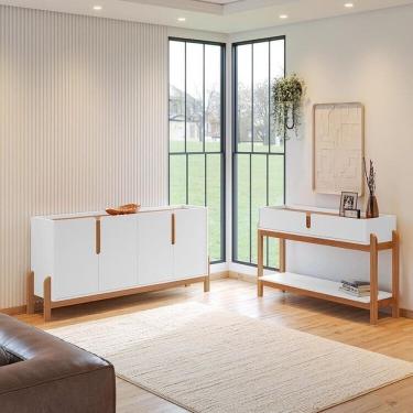 Imagem de Buffet 170cm e Aparador 2 Gavetas com Pés de Madeira Maciça Lizz Branco / Cedro