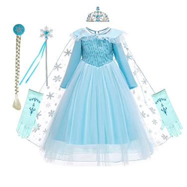 Imagem de REXREII Girls Frozen Elsa Princess Dress Long Sleeves Halloween Costume Christmas Birthday Evening Party Ball Gown w/Accessories Blue 8-9T