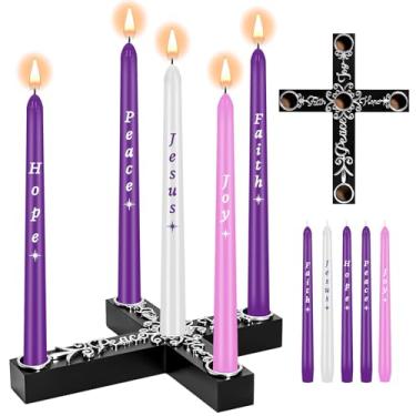 Imagem de 5 peças de velas do advento de Natal e suporte de vela de presépio, conjunto de velas cônicas coloridas com cruz de madeira e castiçal de nó celta, presente de Natal religioso para decoração de casa e
