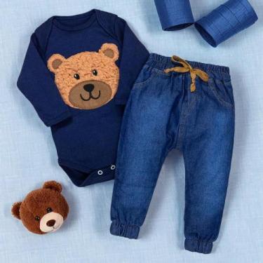 Imagem de Conjunto Para Bebê Body E Calça Jeans Bordado Urso Marinho - Era Uma V