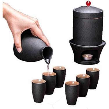Imagem de JOEUQK Conjunto de 9 peças de saquê com aquecedor, conjunto de saquê quente de cerâmica preta, incluindo 1 fogão de vela, 1 caneca de aquecimento, 1 pote de saquê e 6 copos de saquê