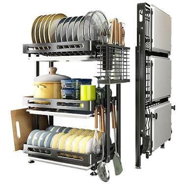 Imagem de WZYCLTT Escorredor de pratos dobrável com bandeja coletora, escorredor de pratos multifuncional de 3 níveis com suporte de utensílios, suporte de tábua de corte para organizador de bancada de cozinha