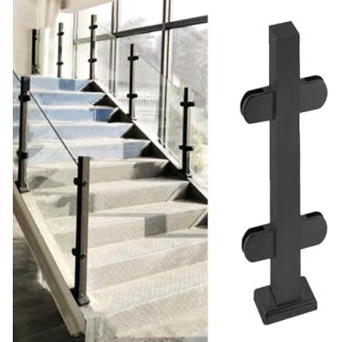 Imagem de Balaustrada De Vidro Interior Exterior Postes De Corrimão De Vidro Com Braçadeira Conjunto De Balaustrada De Convés Preto De Aço Inoxidável Guarda-corpo De Vidro De, Black Mid Post, H-70cm(27.6")