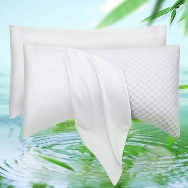 Imagem de Conjunto de 2 fronhas de travesseiro de dormir laterais refrescantes tamanho Queen - Rayon curvo derivado de capa de fronha de bambu - Fronha respirável fresca e sedosa macia para cabelos e pele que