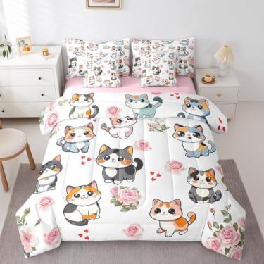 Imagem de Erosebridal Conjunto de edredom de gato fofo, tamanho Queen, para crianças, adolescentes, cama romântica e floral para gatinhos (edredom, lençóis, fronhas e capas de almofada)