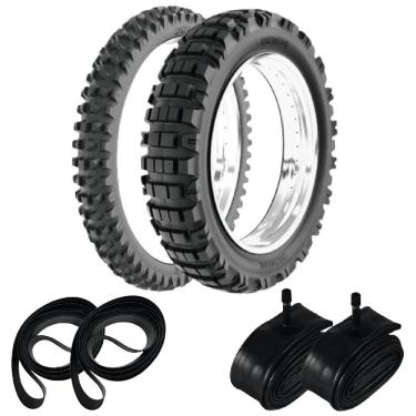 Imagem de Kit Pneu Moto Cross Trilha 140/80-18 + 90/90-21 He42 Rinaldi + Camaras + Cintas