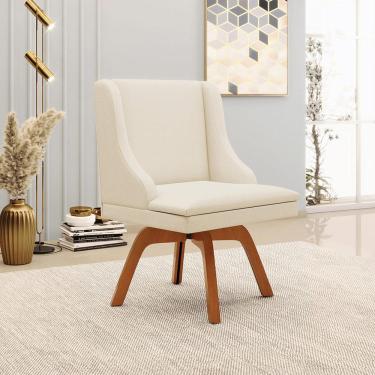 Imagem de Cadeira Decorativa Sala de Jantar Base Giratória de Madeira Firenze Linho Bege/Natural G19 - Gran Belo