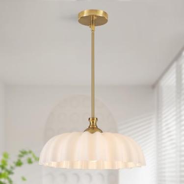 Imagem de TMMAYSUN Lustre dourado de flor vintage de 39,9 cm - Luminária pendente de vidro de leite branco de altura ajustável para ilha de cozinha, sala de jantar, quarto