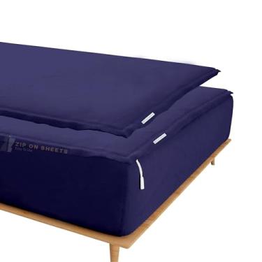 Imagem de Lençóis de algodão Queen com zíper tamanho Queen - Inclui 2 lençóis com zíper e 1 lençol com elástico - bolsos profundos de 25,4 cm não saem - Lençol de algodão 600 fios - Azul marinho