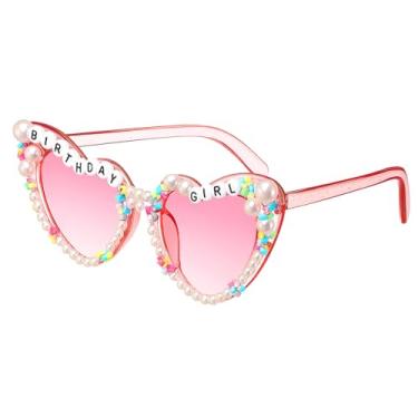 Imagem de APLZGMG Óculos de sol de aniversário para mulheres, óculos de coração de menina de aniversário, óculos de sol elegantes de pérola brilhante, acessórios de festa de aniversário, presente para mulheres