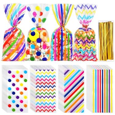 Imagem de 100 sacos de guloseimas de celofane arco-íris a granel 26 x 12 cm, sacos de plástico para doces, sacos de presente com laços torcidos, sacos de guloseimas para doces e artigos de festa de aniversário