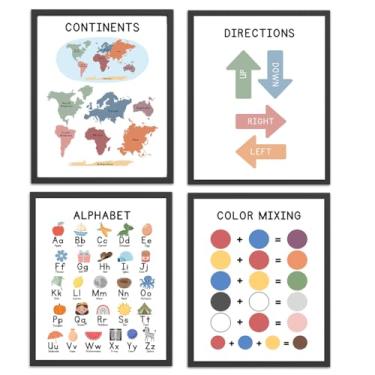 Imagem de 4 peças de arte educacional para parede de aprendizagem infantil pôsteres berçário quarto de crianças decoração de quarto continentes afirmações positivas decoração de parede para quarto de meninas