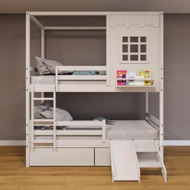 Imagem de Beliche Casinha Reta Com 02 Gavetas Escorregador E Grade Removível Madeira Maciça Branco Housin