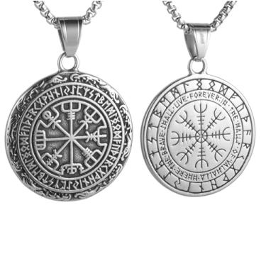 Imagem de Colar com pingente de bússola viking norueguesa redonda dupla face masculina e feminina, aço inoxidável 316L, corrente de pérola quadrada de aço inoxidável prata, joia vintage de amuleto nórdico