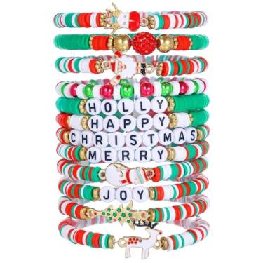 Imagem de MAKIOTEKO Pacote com 12 pulseiras de Natal para mulheres, Merry & Joy Pulseiras de argila com contas de alce, Papai Noel, boneco de neve, pulseira elástica empilhável com cordão elástico, pingentes de