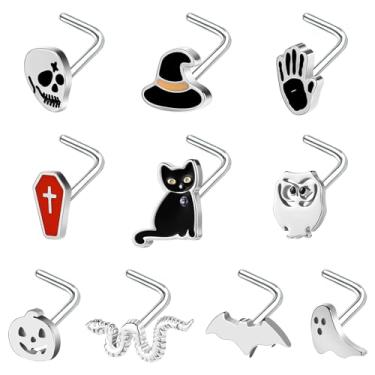 Imagem de BodyAce Anéis de nariz de 20 g para Dia das Bruxas, brincos de narina, aço inoxidável, piercing de nariz em forma de L, caveiras de morcego, abóboras, joias de Halloween, Aço inoxidável Zircônia