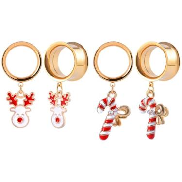 Imagem de ERKUOO Conjunto de 4 peças de túneis de orelha de Natal de aço inoxidável, alargador duplo, tom dourado, calibres com Papai Noel, boneco de neve, rena, bengala doce, pingentes, joias alongadas