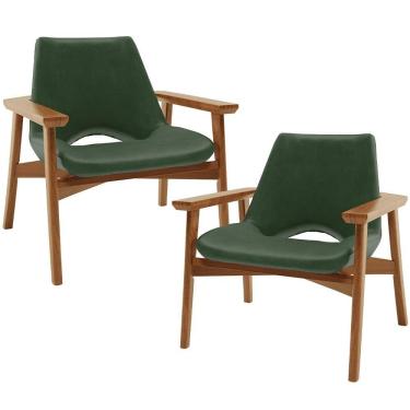 Imagem de Kit 02 Poltronas Decorativa Para Sala De Estar Living Base Madeira Becker L02 Couríssimo Verde Musgo - Lyam Decor