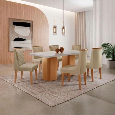 Imagem de Mesa De Jantar Eloise 180cm Tampo MDF Com Vidro 6 Cadeiras Turim Off White Naturale