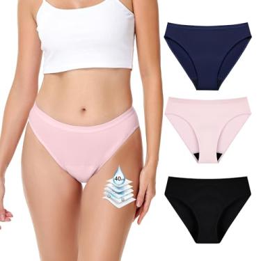 Imagem de Battewa Calcinha de biquíni à prova de vazamento para incontinência discreta, 40 ml, roupa íntima de algodão absorvente com controle de odores, pacote com 3 (rosa/azul marinho/preto, pequena