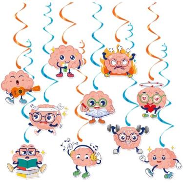 Imagem de 24 peças de decoração de espirais para pendurar no cérebro, 20 ornamentos de espirais de teto com tema cerebral de desenho animado com leitura, música, exercício, desenhos de estudo e redemoinhos