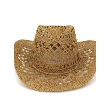 Imagem de Chapéu Country Vaqueiro Feminino de Palha, Estilo Western com Trama Vazada, Cor Natural, para Rodeio e Festa
