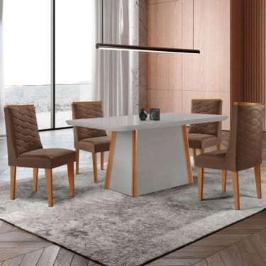 Imagem de Mesa De Jantar Diane 120cm Tampo Mdf Vidro 4 Cadeiras Safira Moderna Veludo Marrom Off White Serigrafia Com Vidro
