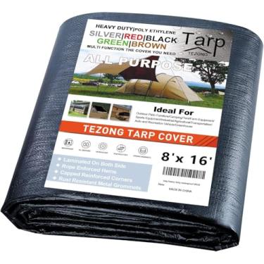 Imagem de TEZONG Lonas resistentes à prova d'água 2,4 x 4,9 m, lonas de plástico preto grande multiuso cobertura de lona externa grossa de poliéster 30,5 cm para chuva ou sol de emergência, telhado, móveis de