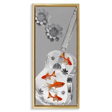 Imagem de Stupell Industries Arte de parede em tela flutuante marrom com guitarra e flores de peixe brilhante, design por Sasha, 78 x 38 cm