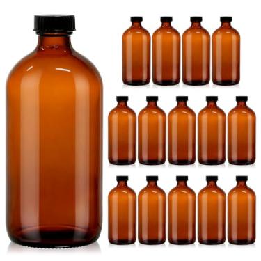 Imagem de Pacote com 15 garrafas redondas Boston de vidro âmbar de 473 ml com tampas fenólicas de policone – Garrafas marrons herméticas e à prova de vazamento para preparação de kombucha, condimentos, óleos