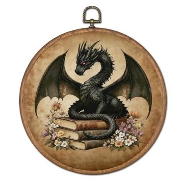 Imagem de TopXmai Decoração de parede redonda de dragão de livro de fantasia vintage, arte de parede em tela de livros Dark Academia emoldurada, livro floral místico dragão decoração de parede para leitura de