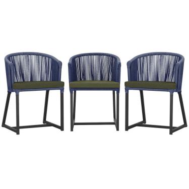 Imagem de 3 Cadeiras De Jantar Noronha Preta Corda Náutica E13 Trama Azul