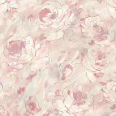 Imagem de Papel de parede floral de papel de parede floral pintado à mão flor de peônia rosa papel de contato autoadesivo removível vinil para sala de estar quarto armários de banheiro decoração de parede 43 cm