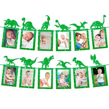 Imagem de KatchOn, Banner de foto de aniversário de dinossauro verde brilhante - grande, 3 metros, pré-amarrado, sem bricolagem | Banner de dinossauro de aniversário personalizado para decorações de dinossauro de 1º aniversário | Banner de festa de aniversário de dinossauro