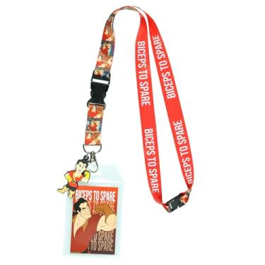 Imagem de Disney Cordão de reposição para bíceps A Bela e a Fera Gaston com suporte de crachá de identificação e pingente de borracha Gaston de 5 cm