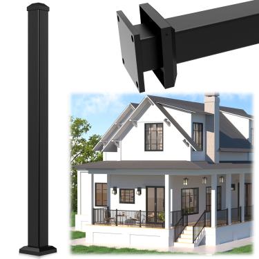 Imagem de Egadis 6,5 cm x 6,5 cm x 114,3 cm Poste de corrimão de varanda e deck com parafusos, poste de grade de alumínio, poste de escada com acabamento em pó texturizado preto para decks, varandas e varandas