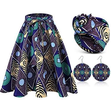 Imagem de 3 peças de saia Dashiki africana feminina traje tradicional boêmio africano cachecol pendurado brinco pendente, Estilo fresco, Medium Short