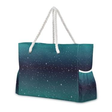 Imagem de Wassud Bolsa de praia grande noite estrelada para mulheres, impermeável, à prova de areia, bolsa de viagem com zíper e bolso para piscina, academia, acampamento